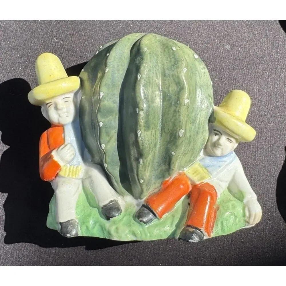 Vintage Ceramic Cactus Coin Bank with Coin Slot, Two Sombrero Figures TO15